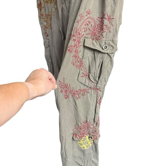 Vtg Y2K Da-nang Cargo Military Pants Embroidered Tan Large 34x31.5 Army Bohemian - Picture 3 of 9